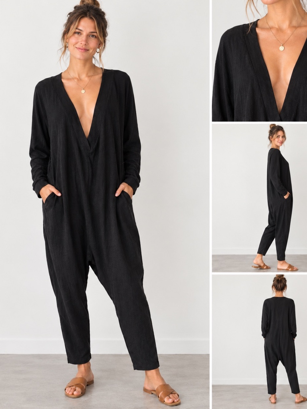 NATURAL LIFE Black Deep V-Neck Relaxed Jumpsuit Large Lagenlook Boho Loungewear